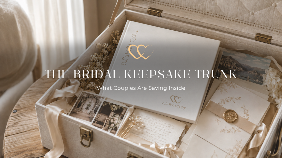 The bridal keepsake trunk with Two Hearts - A Love Story guided couples journal inside with other wedding day momentos