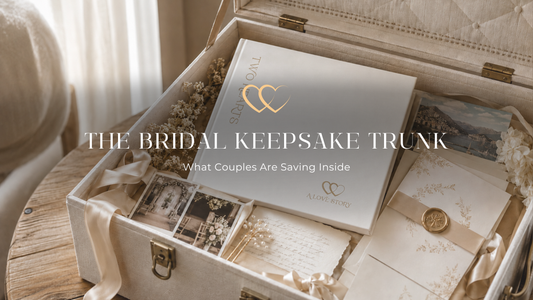 The bridal keepsake trunk with Two Hearts - A Love Story guided couples journal inside with other wedding day momentos