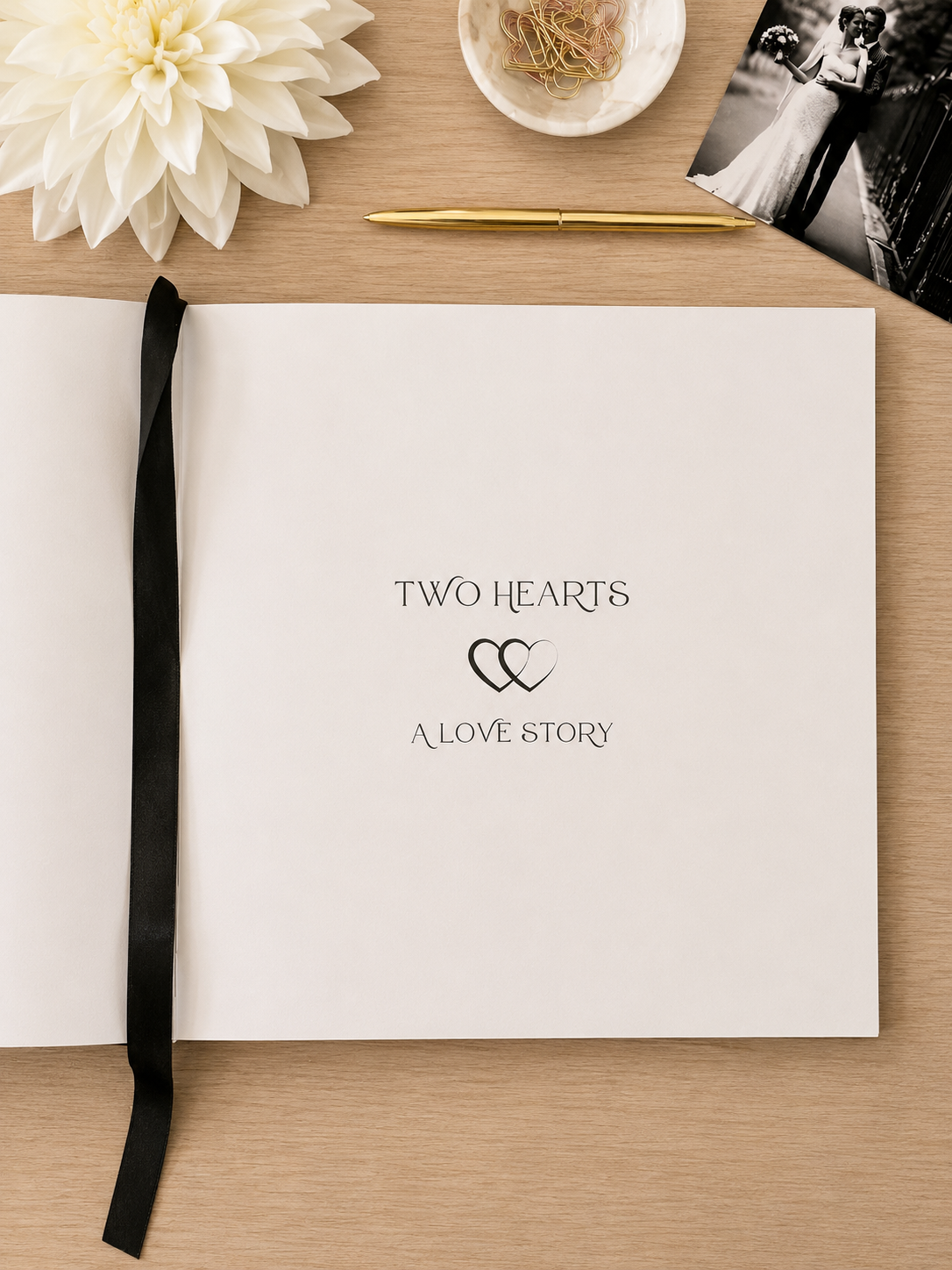 An open white wedding guest book or journal on a light wood tabletop, with a black ribbon bookmark hanging from the left edge. The center page reads 'TWO HEARTS' above a double-heart symbol and 'A LOVE STORY' below.