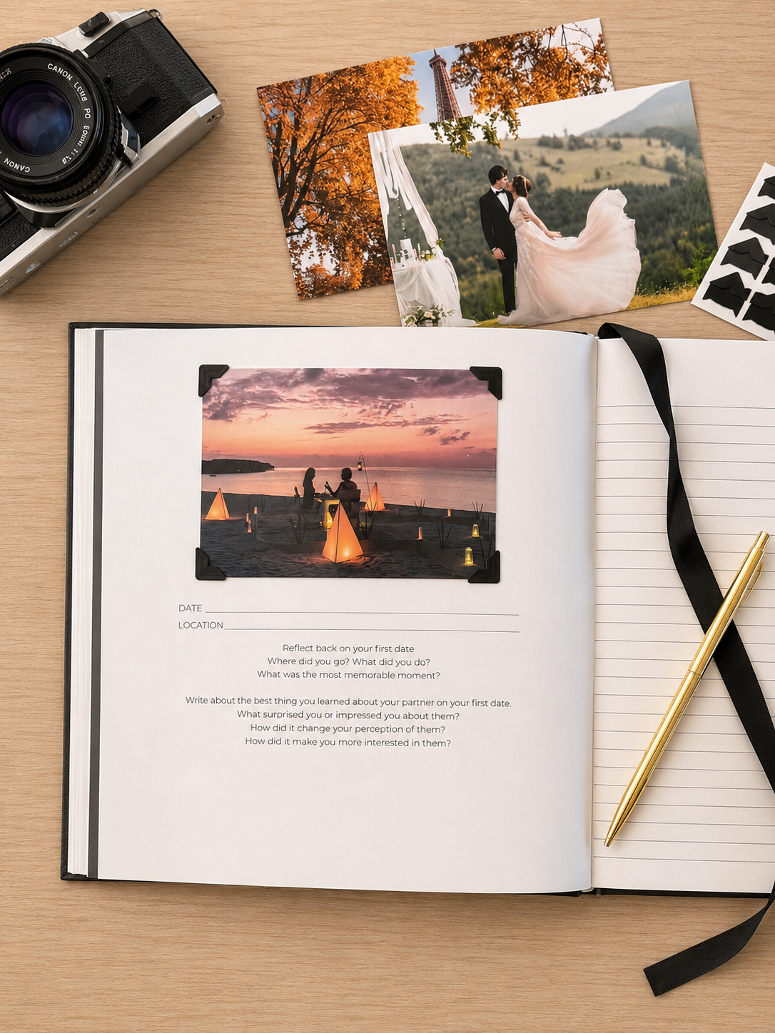 An open personalized photo album on a wooden desk, showing printed wedding photos, a lined page with text, a black ribbon bookmark, and a gold pen. A vintage camera and printed photo sheets are partially visible around it.