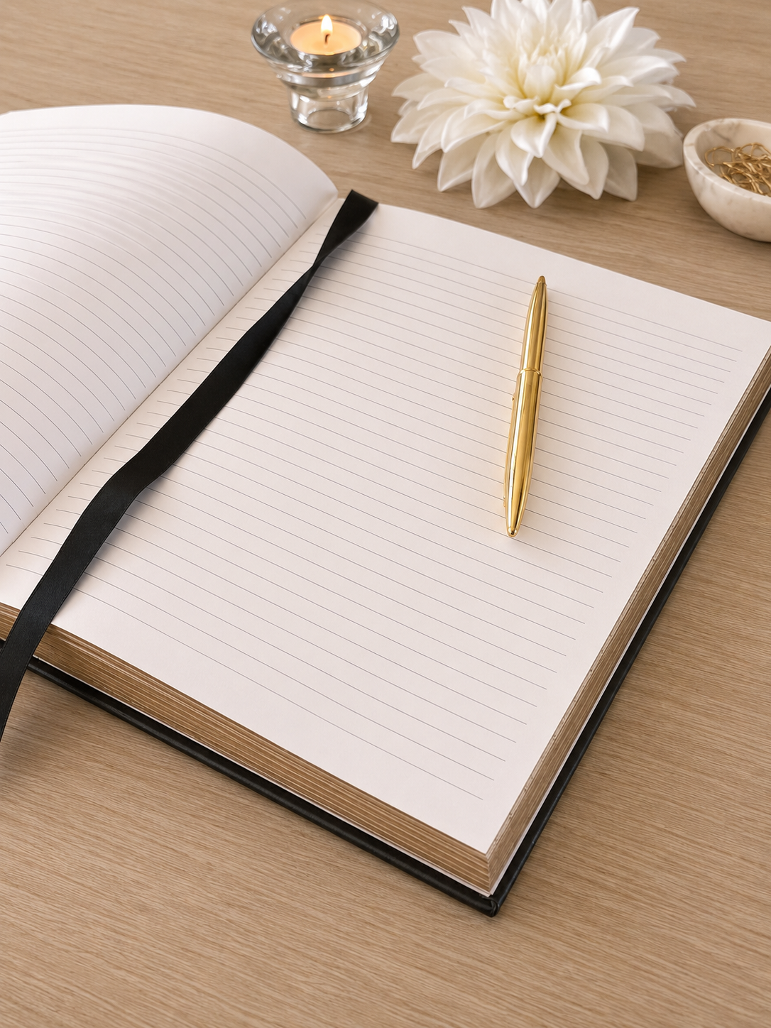 An open lined notebook with a black ribbon bookmark and a gold pen resting on the page, set on a light wood tabletop with decorative props including a white flower, a small candle, and a dish.